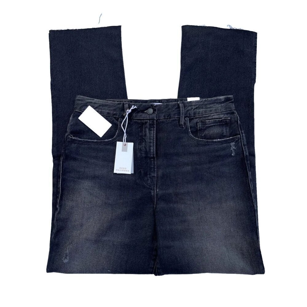 Good American Good Boy Straight Leg Jeans Black Distressed Knee Size 2 - Picture 6 of 16